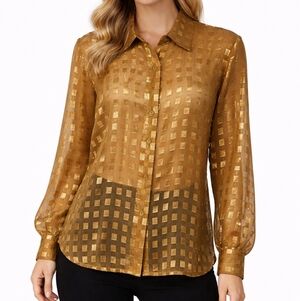VTG Joanna Gold Geometric Sheer Button Down Long Sleeve Holiday Shirt